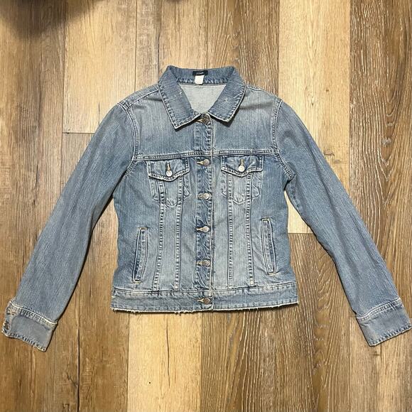VTG J.Crew Denim Trucker Jacket Womens Size M Distressed 100% Cotton Y2K 90 Fall - Picture 1 of 8